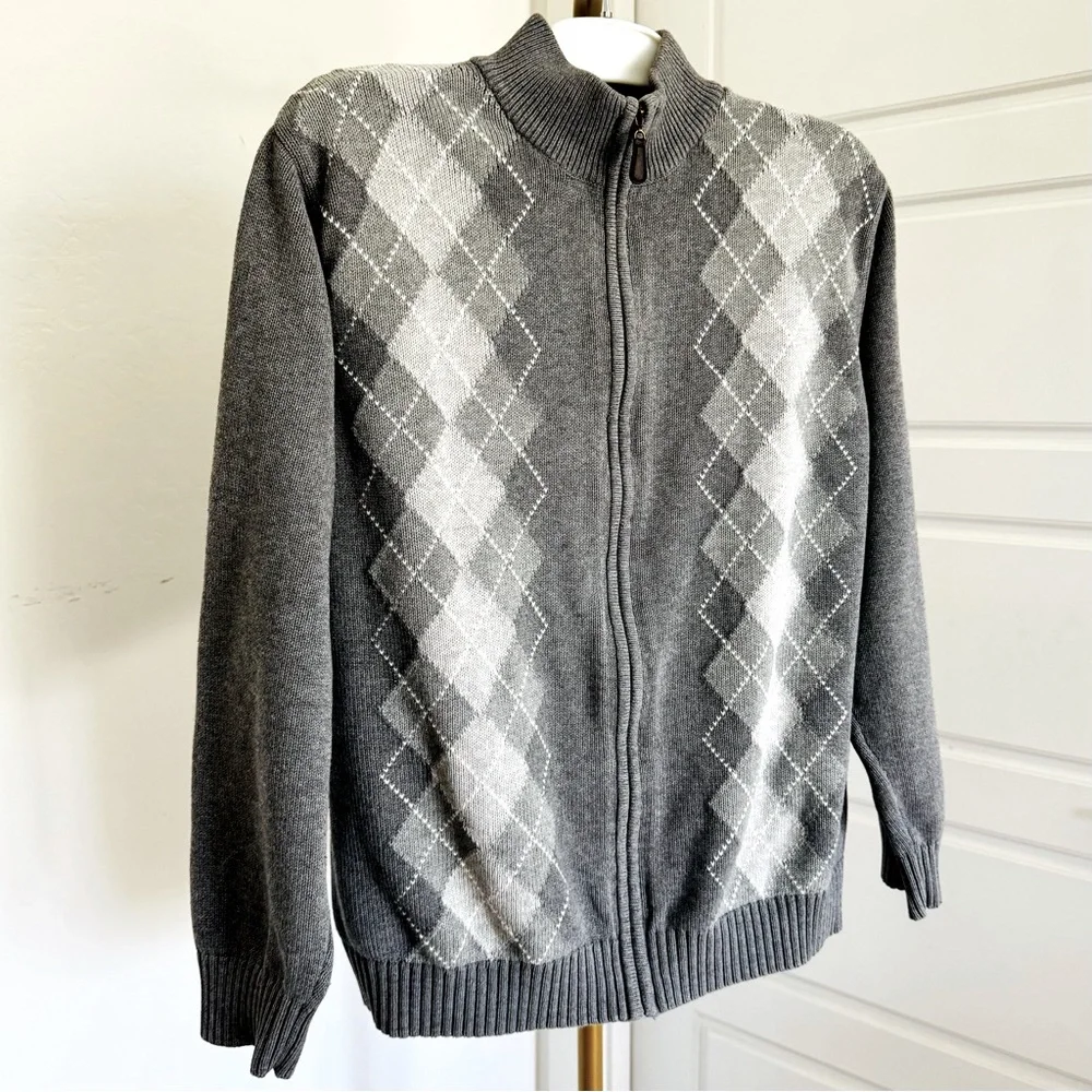 Cozy Men's Gray White Argyle Zip Up Long Sleeves‎ Sweater Cardigan Size Large